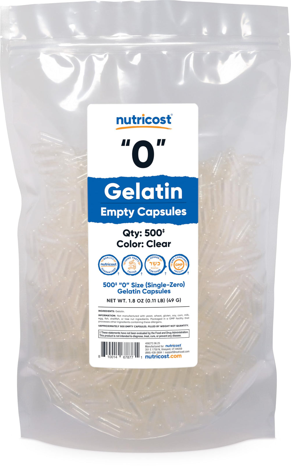 Nutricost empty gelatin capsules size 0, 500-count, clear