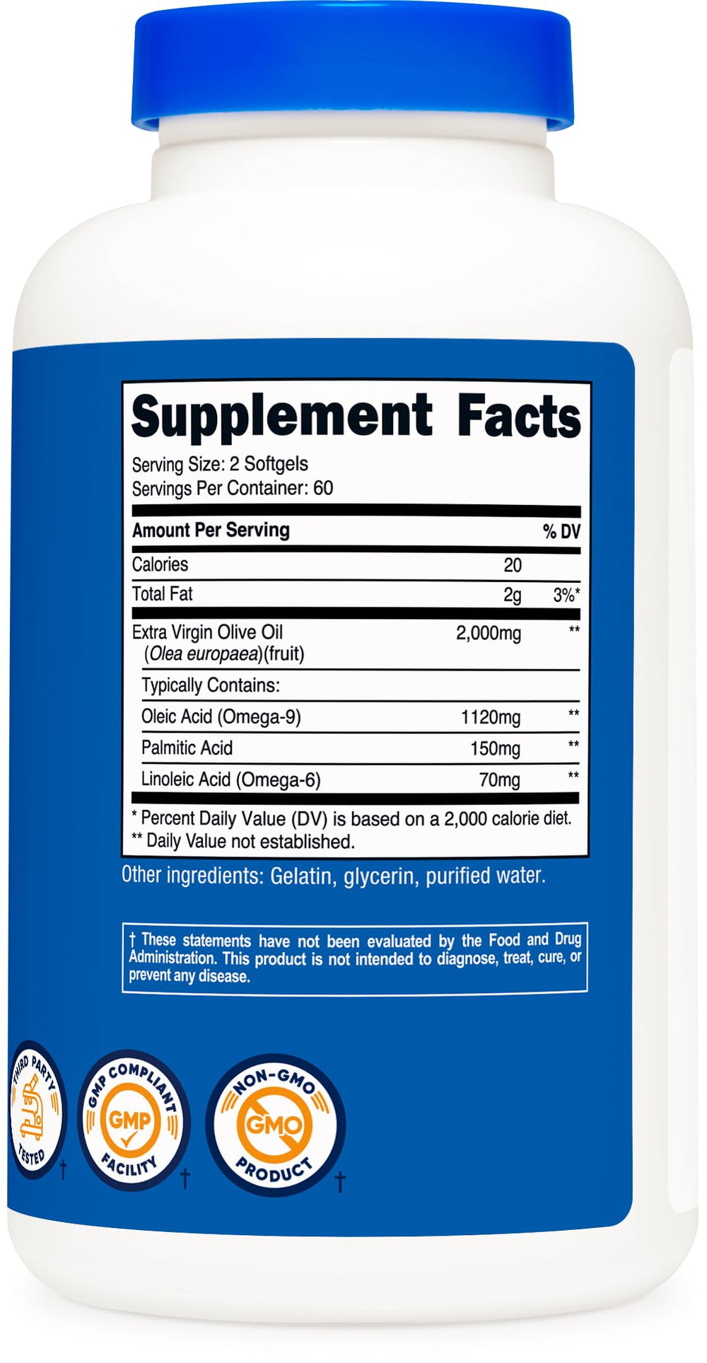 Gluten-free and GMO-free Nutricost olive oil supplement packaging