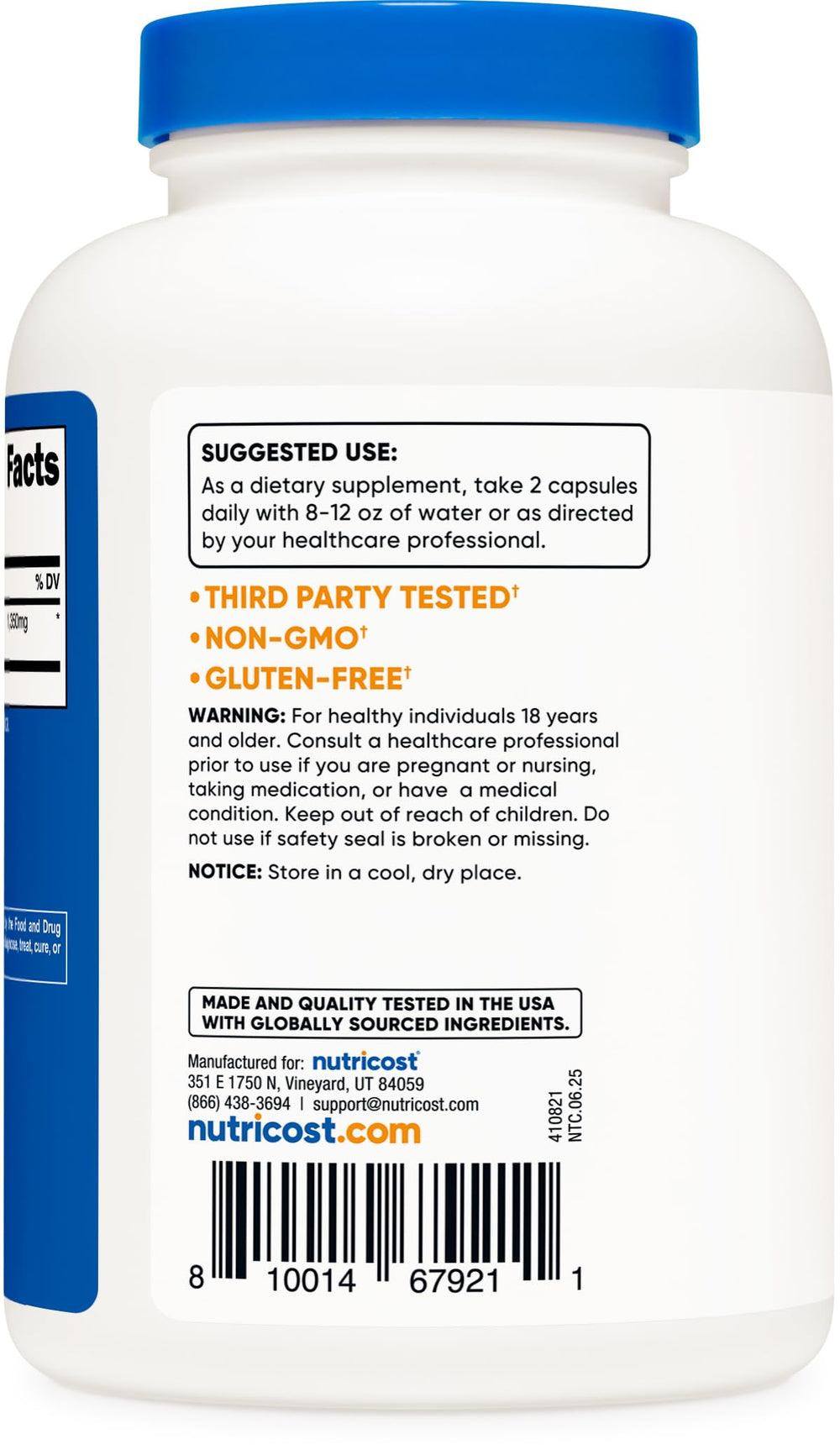 Dietary supplement bottle with NSF GMP FDA labels