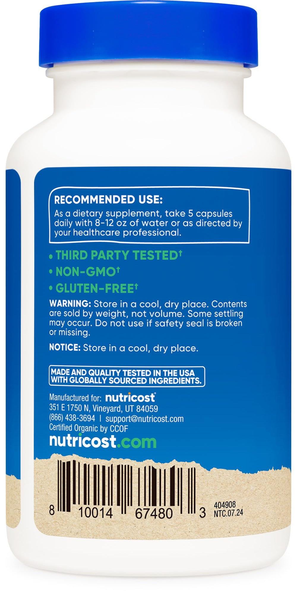 Nutrition label and organic certifications on Nutricost Fiber Capsules