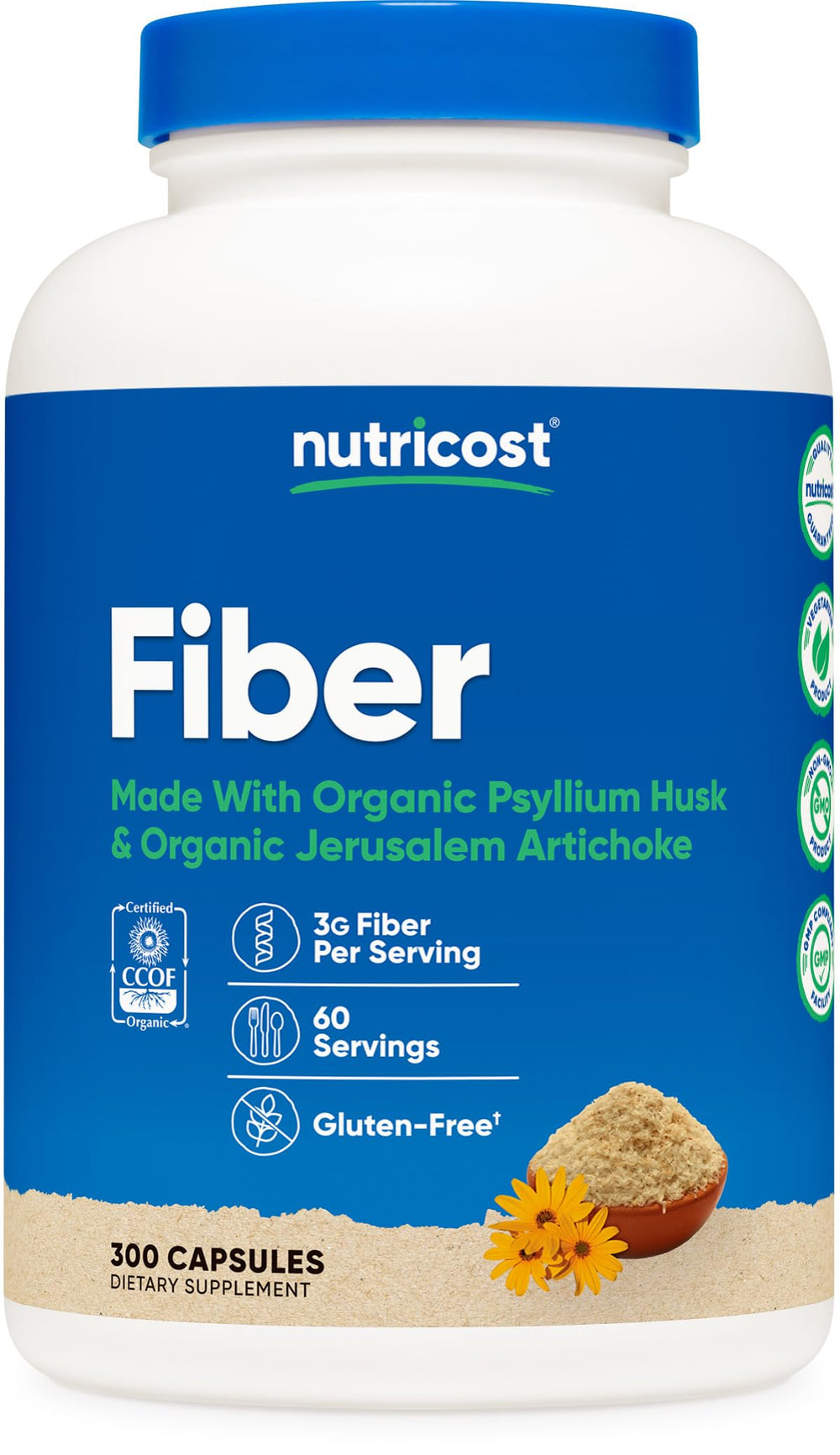 Nutricost Fiber Capsules bottle label showing Organic Psyllium Husk and Organic Jerusalem Artichoke
