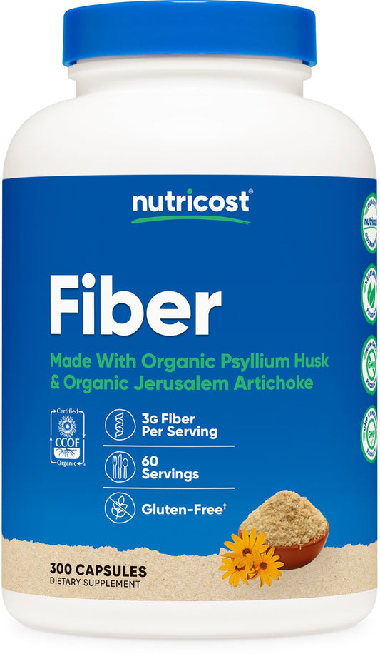 Nutricost Fiber Capsules bottle label showing Organic Psyllium Husk and Organic Jerusalem Artichoke