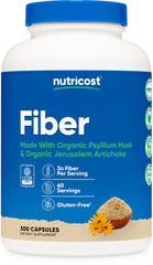 Nutricost Fiber Capsules bottle label showing Organic Psyllium Husk and Organic Jerusalem Artichoke