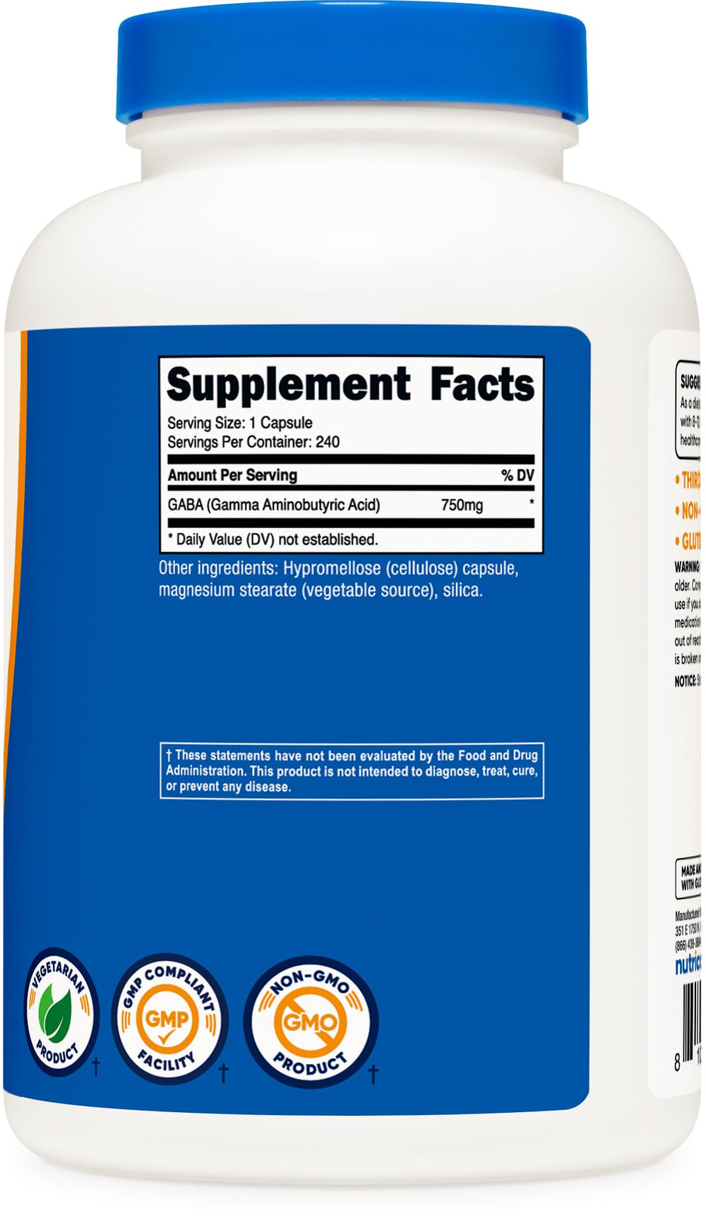 Supplement facts panel and bottle of GABA 750mg