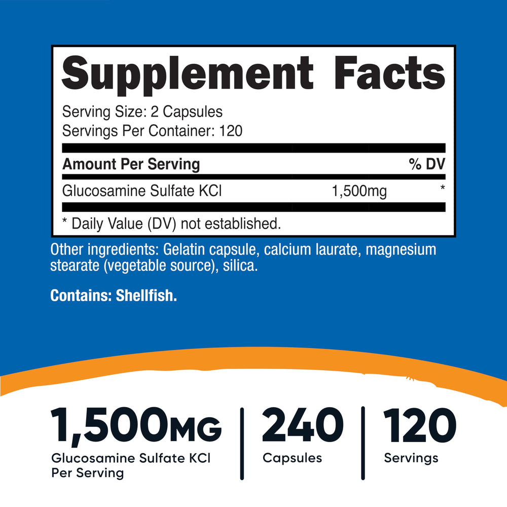 Back label of Nutricost Glucosamine Sulfate 1500mg bottle