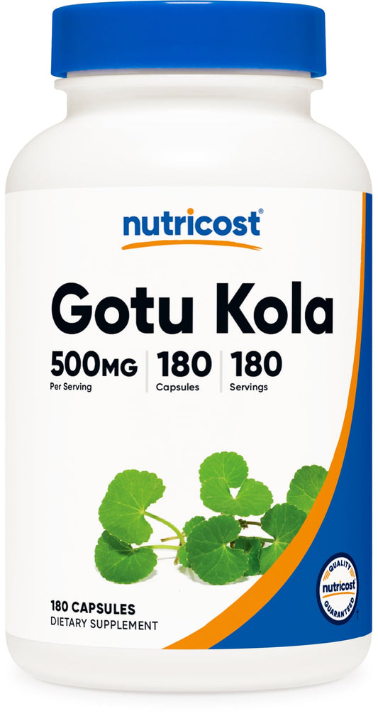Bottle of Nutricost Gotu Kola 500 mg capsules (180 servings)