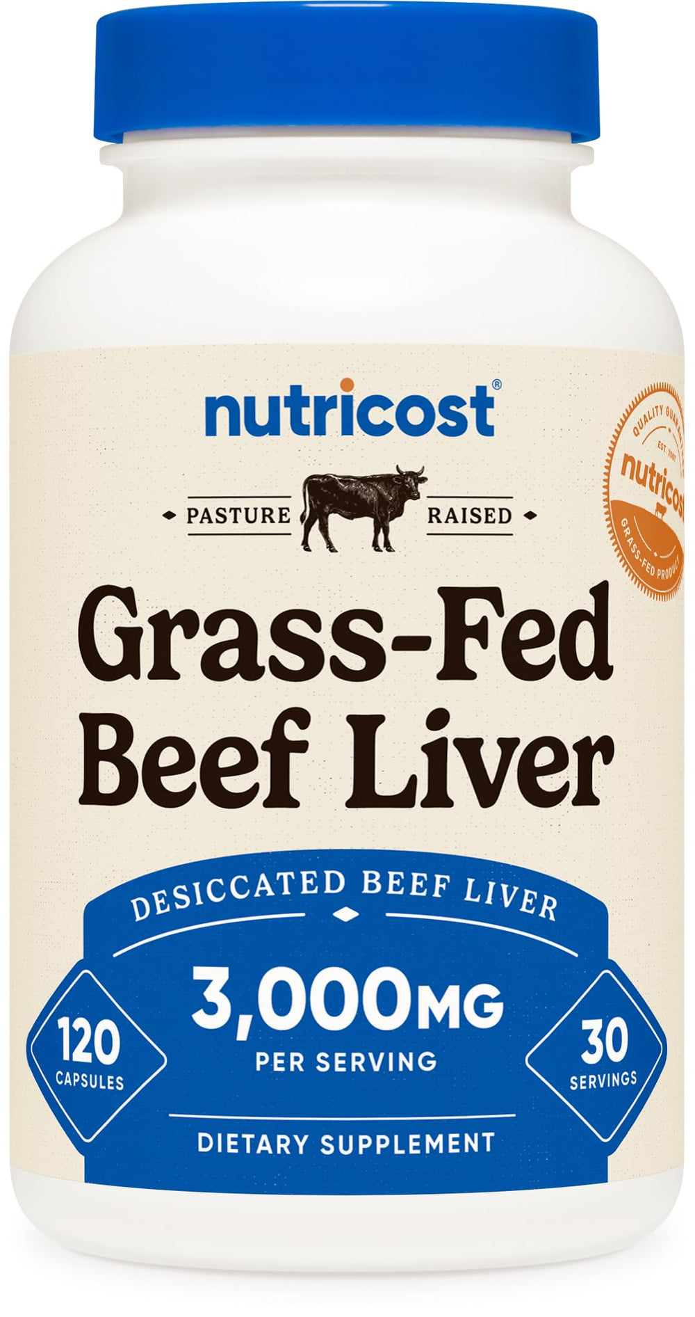 Nutricost Grass-Fed Beef Liver Capsules bottle front
