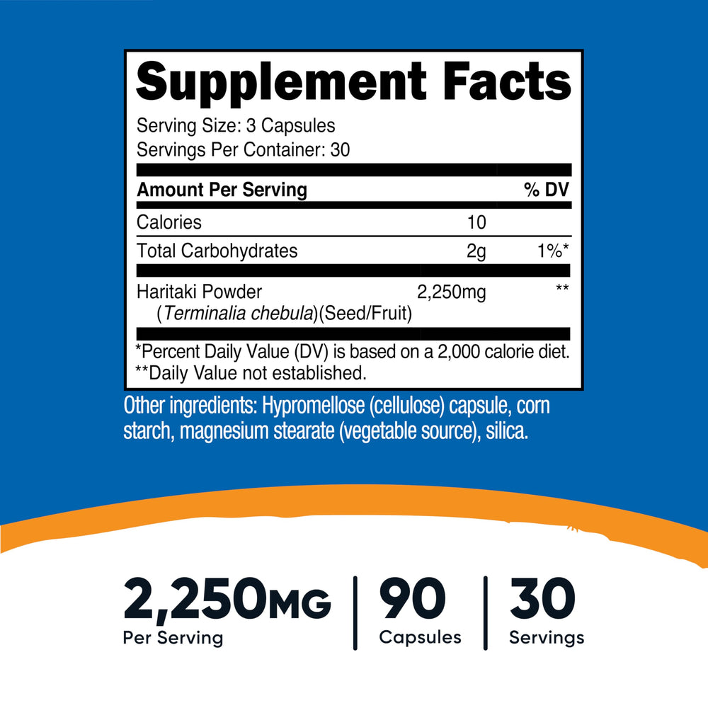 Haritaki capsules from Nutricost bottle lined up