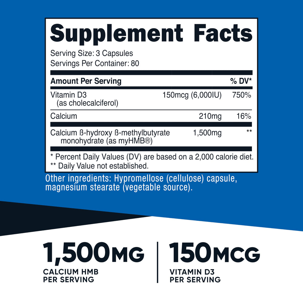 Close-up of Nutricost HMB D3 bottle showing 240 capsules