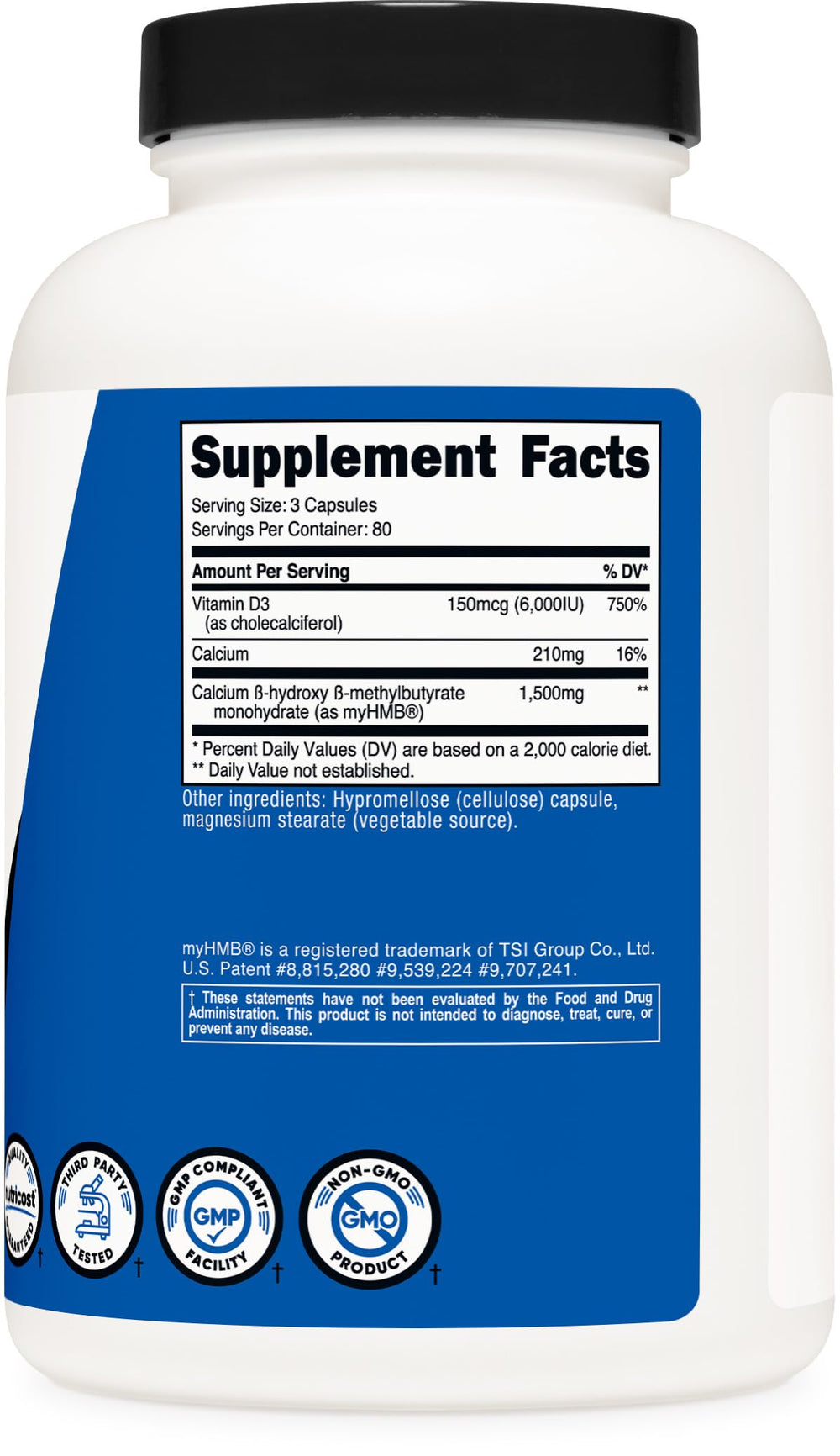 Gluten-free, Non-GMO Nutricost HMB D3 bottle on countertop