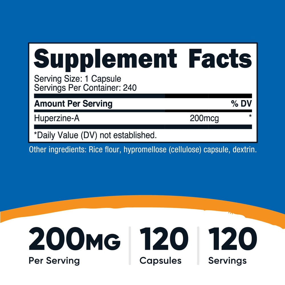 Close-up of Nutricost Huperzine A label displaying 200 mcg per serving