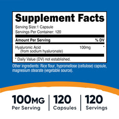 Nutricost Hyaluronic Acid bottle label close-up showing 120 vegetarian capsules