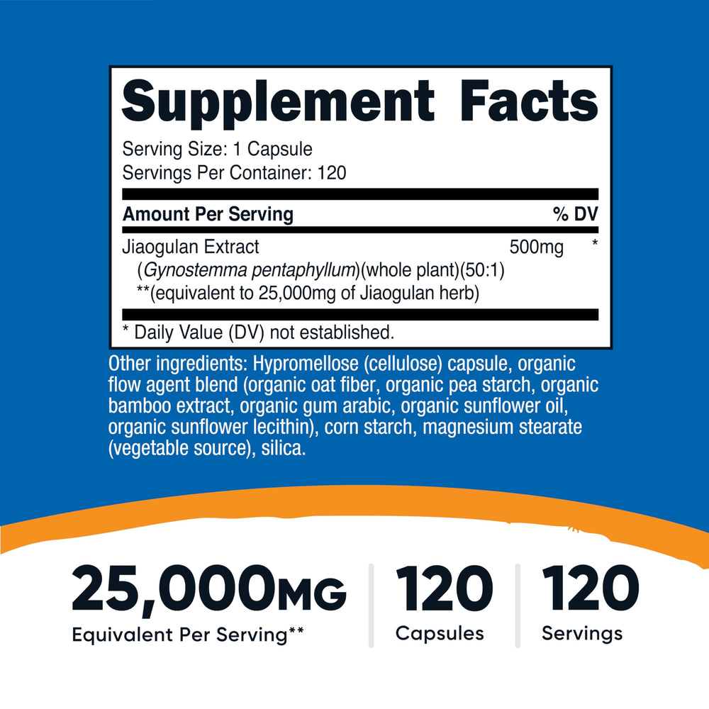 Close-up of 500mg of 20:1 Jiaogulan extract per serving