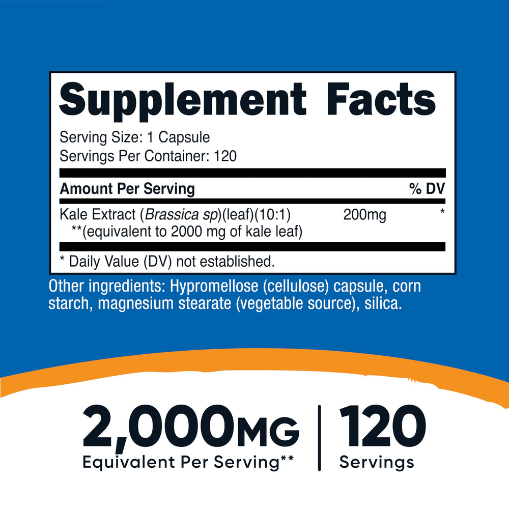 Ingredients label of Nutricost Kale Extract showing vegan, gluten-free, GMO-free notes