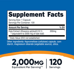 Ingredients label of Nutricost Kale Extract showing vegan, gluten-free, GMO-free notes