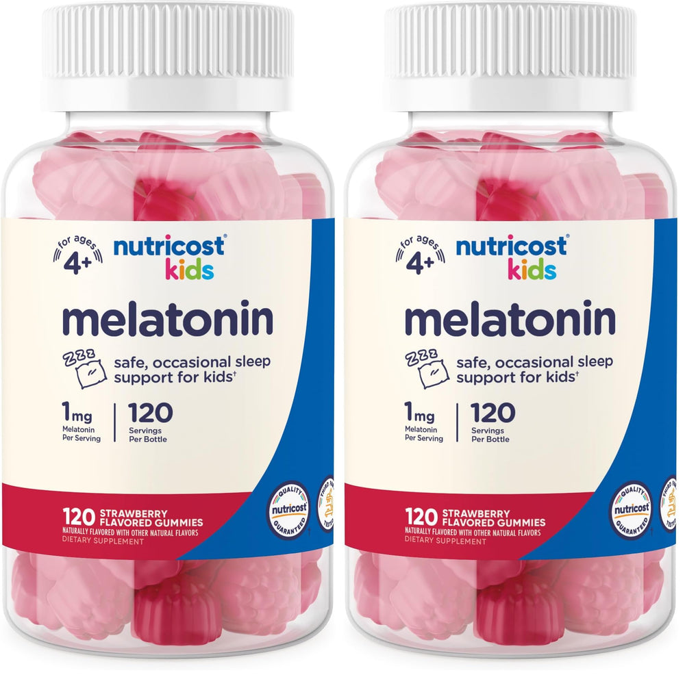 Front view of Nutricost Kids Melatonin Gummies 1mg Strawberry Pack 2 bottle
