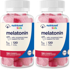 Front view of Nutricost Kids Melatonin Gummies 1mg Strawberry Pack 2 bottle