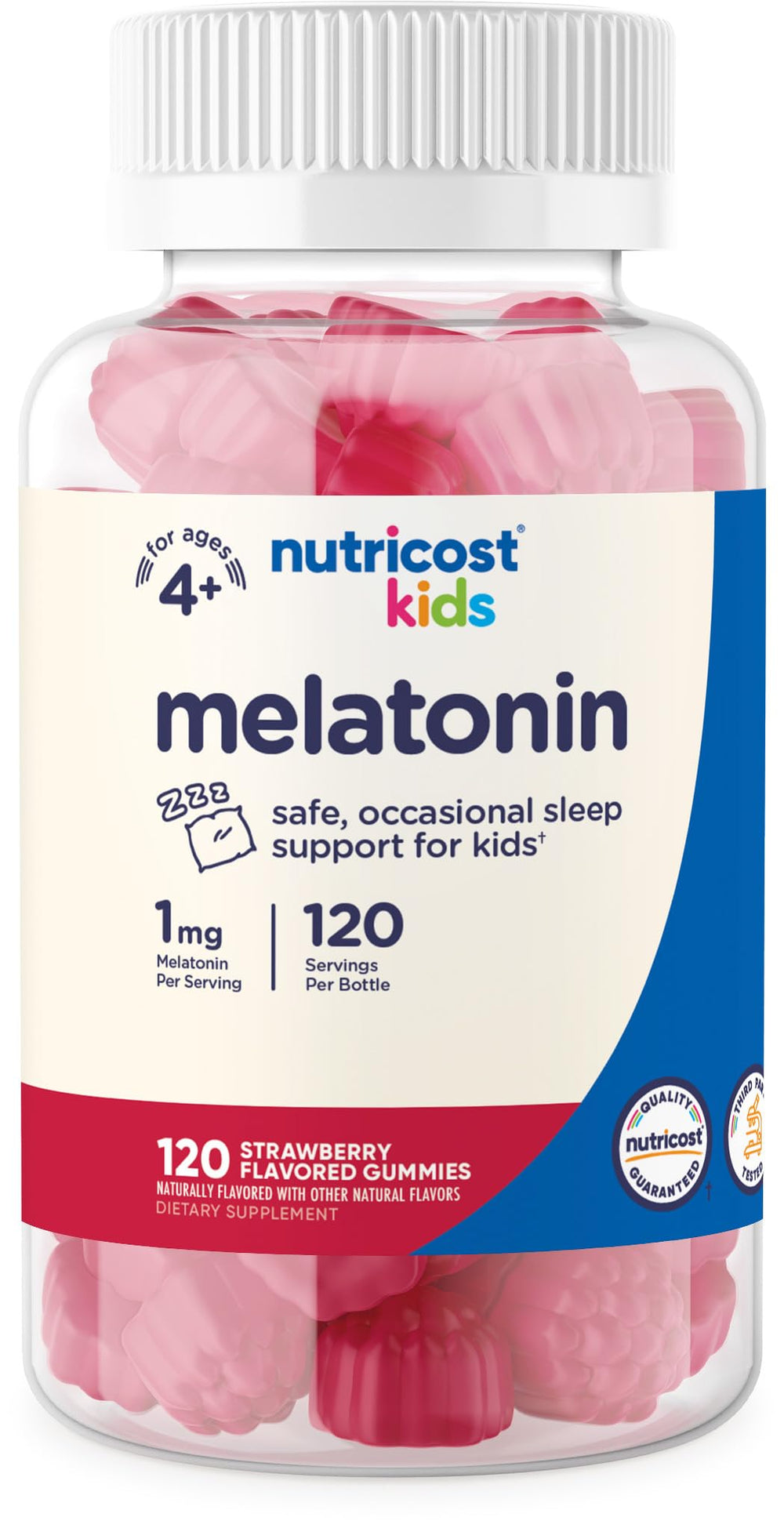 Nutricost Kids Melatonin Gummies 1mg bottle front, 120 strawberry gummies