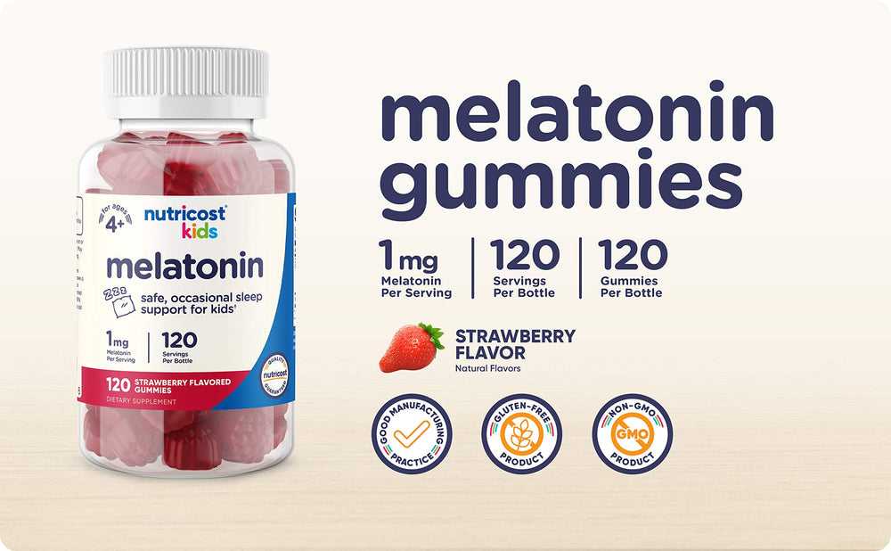 Nutricost Kids Melatonin Gummies bottle front with strawberry flavor
