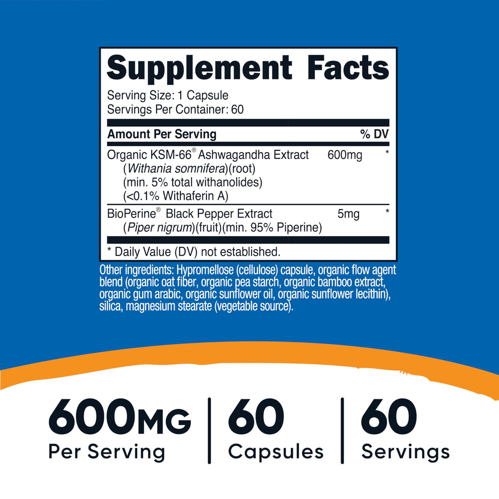 Back label of Nutricost KSM-66 Ashwagandha 600mg bottle