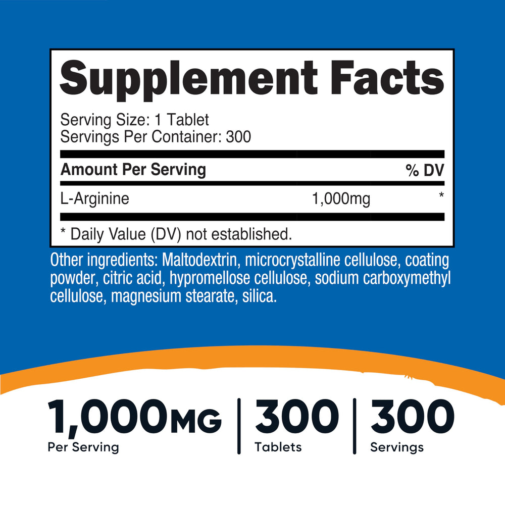 Close-up of L-Arginine tablets from Nutricost bottle