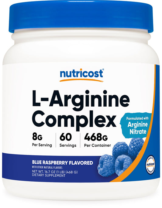 Nutricost L-Arginine Complex bottle with Blue Raspberry flavor, 60 servings