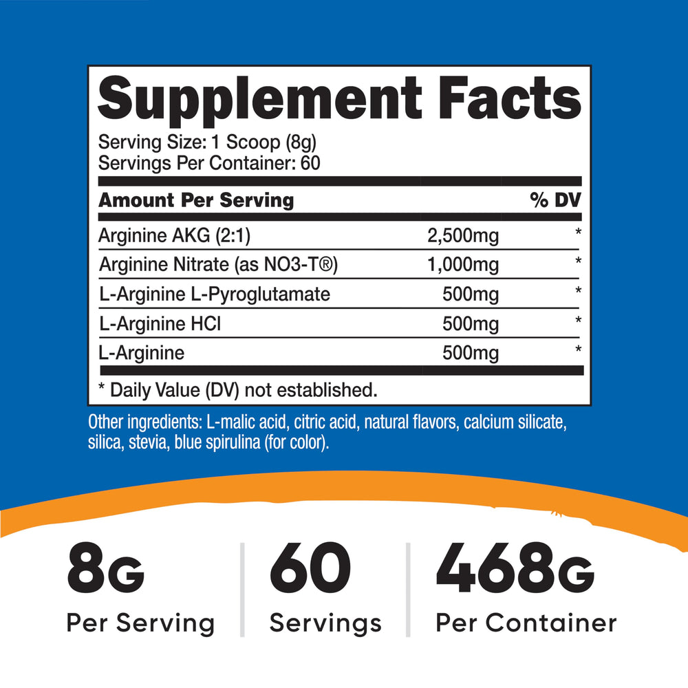 Close-up of Nutricost L-Arginine Complex powder in Blue Raspberry flavor