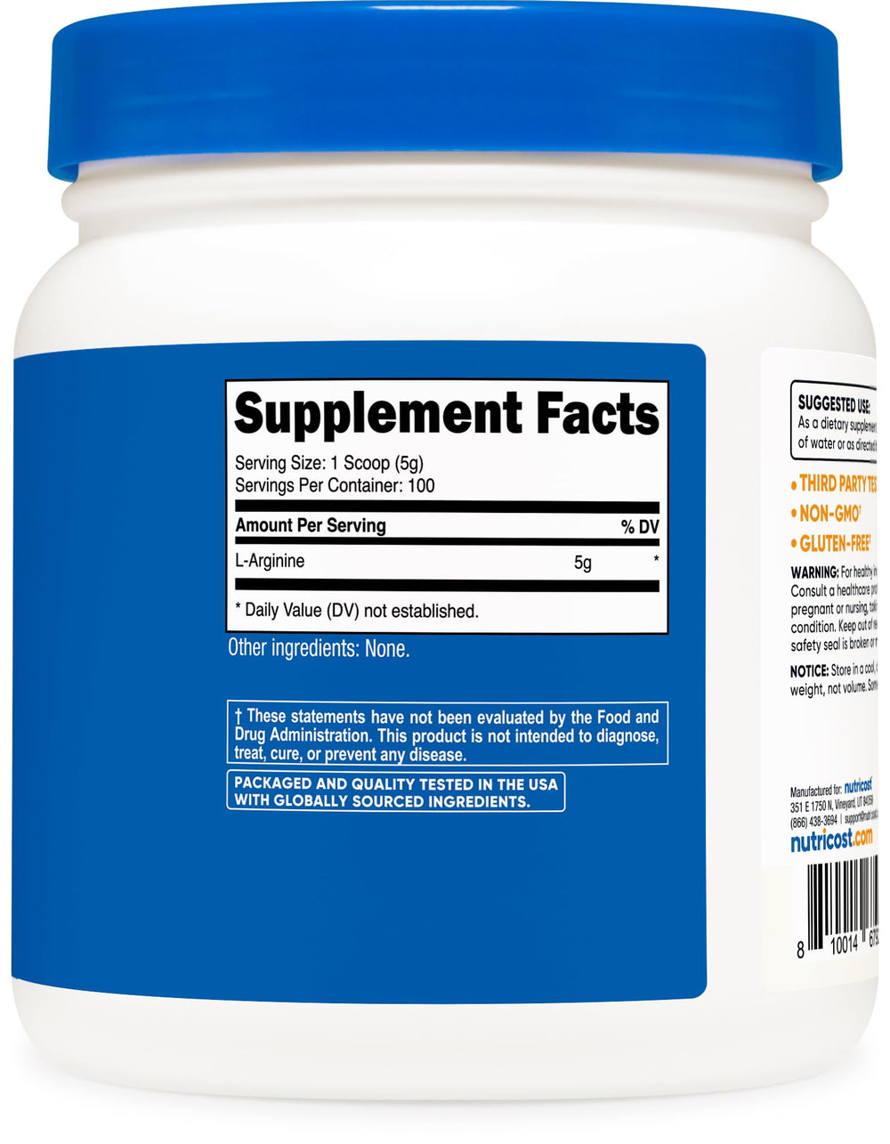 Nutrition facts panel of Nutricost L-Arginine Powder 500g