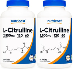Nutricost L-Citrulline bottle with label showing 2500 mg per serving and gluten-free formula.