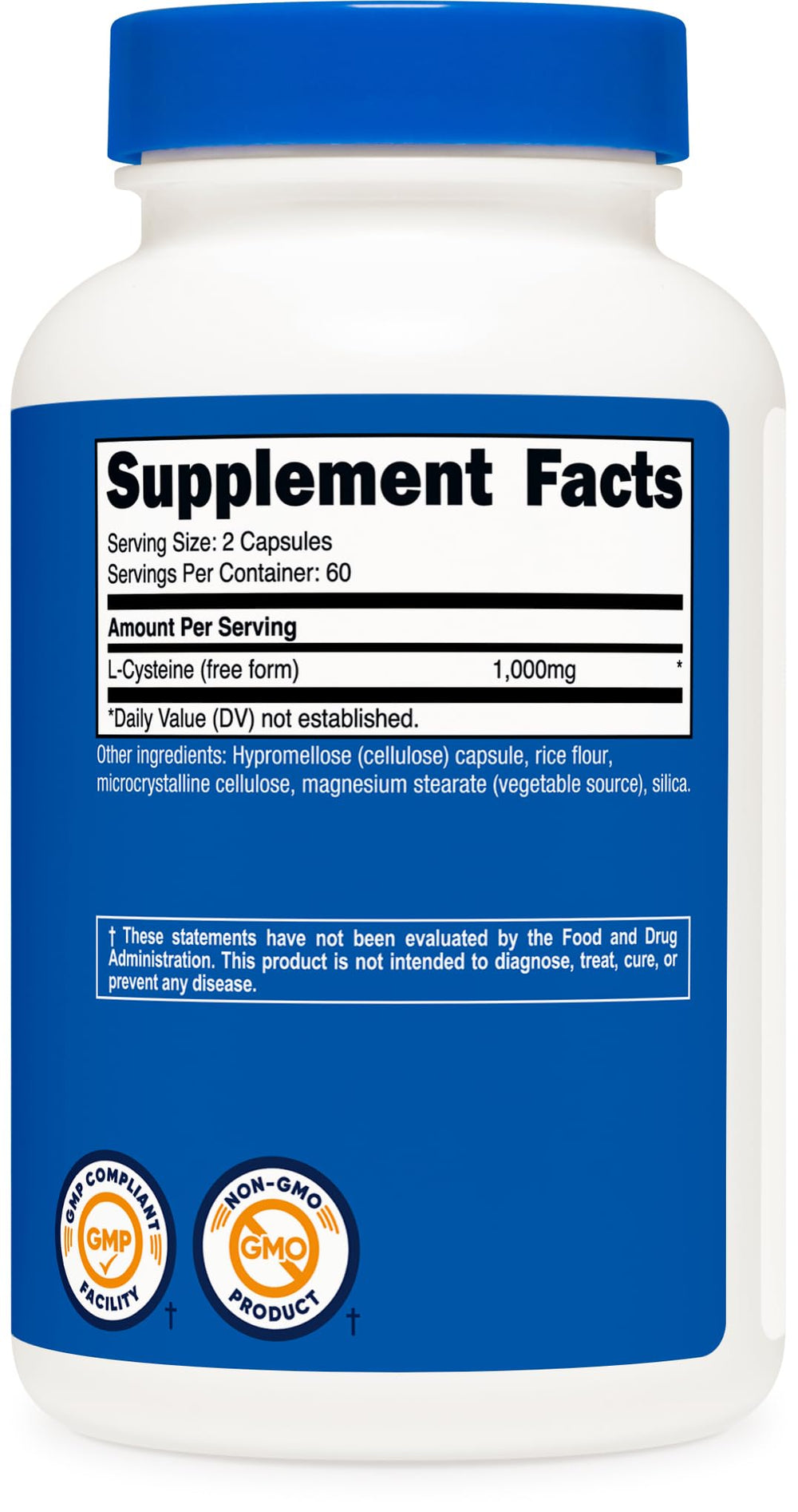 Serving size of 2 capsules showing 1000 mg L-Cysteine per serving
