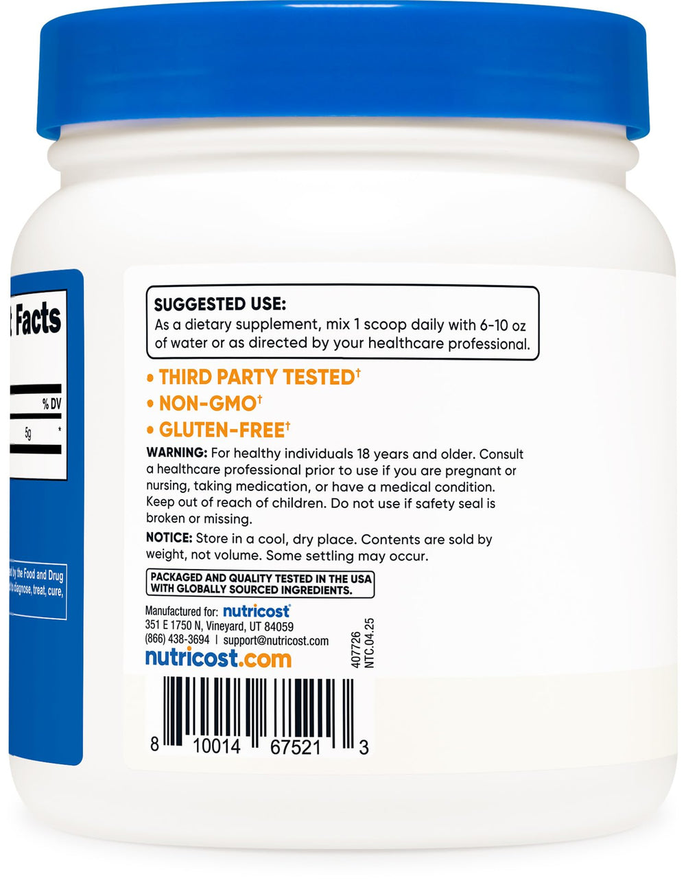 Bottle of Nutricost L-Glutamine Powder (500g), unflavored