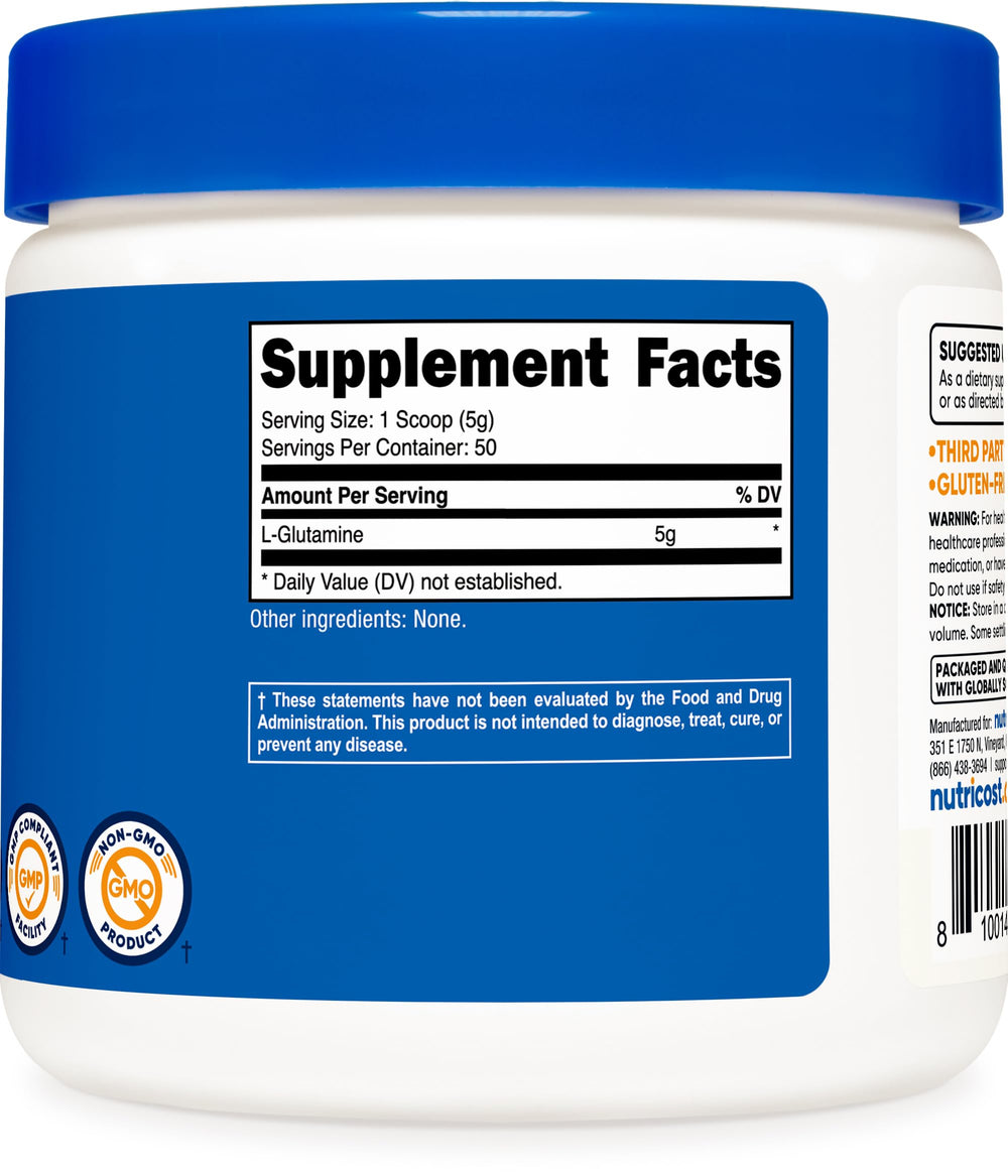 Manufacturing facility quality assurance label for Nutricost L-Glutamine Powder