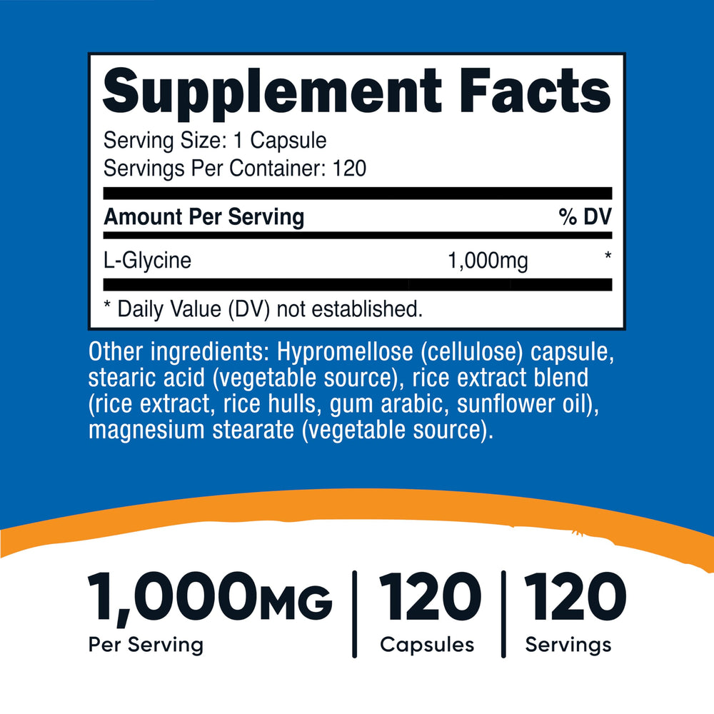 Nutricost L-Glycine label showing 1000mg per capsule