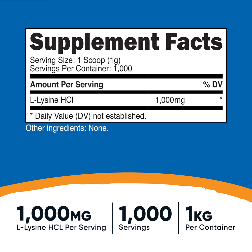 Nutrition label of Nutricost L-Lysine Powder 1KG