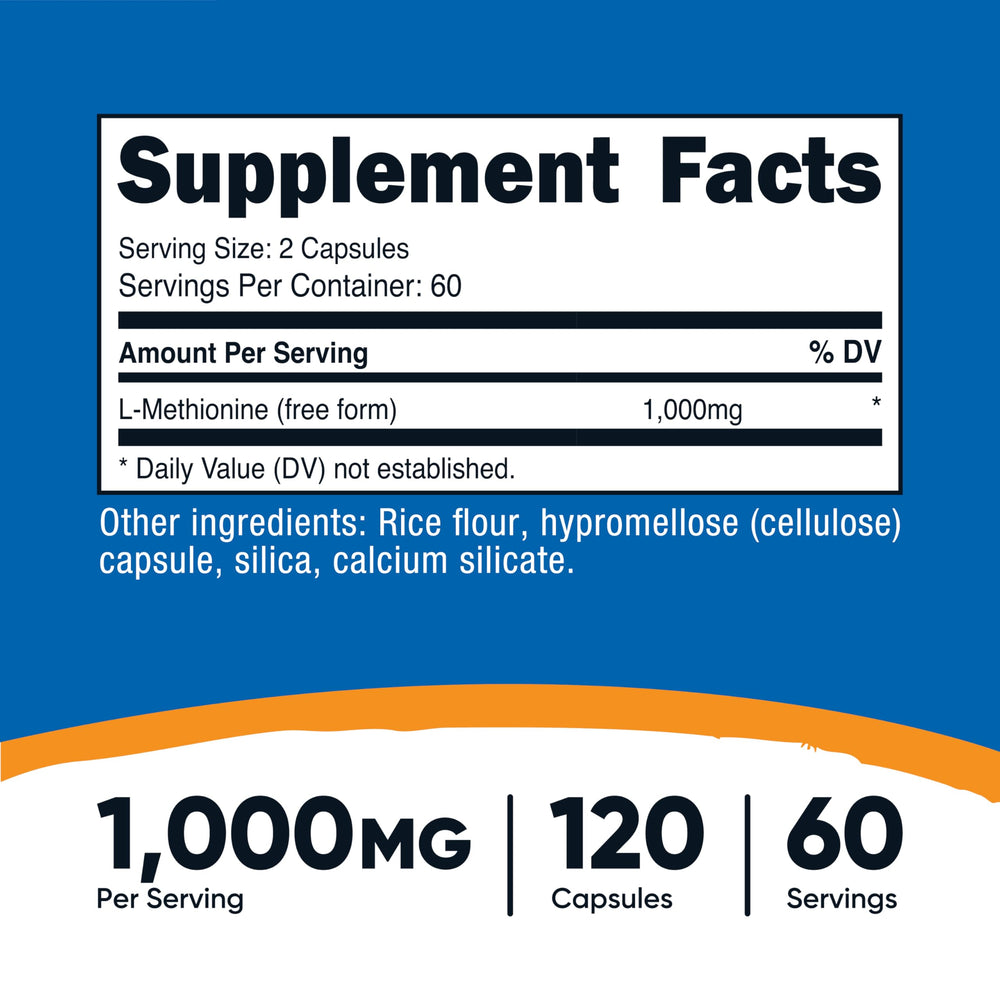 Side view of Nutricost L-Methionine bottle and capsules