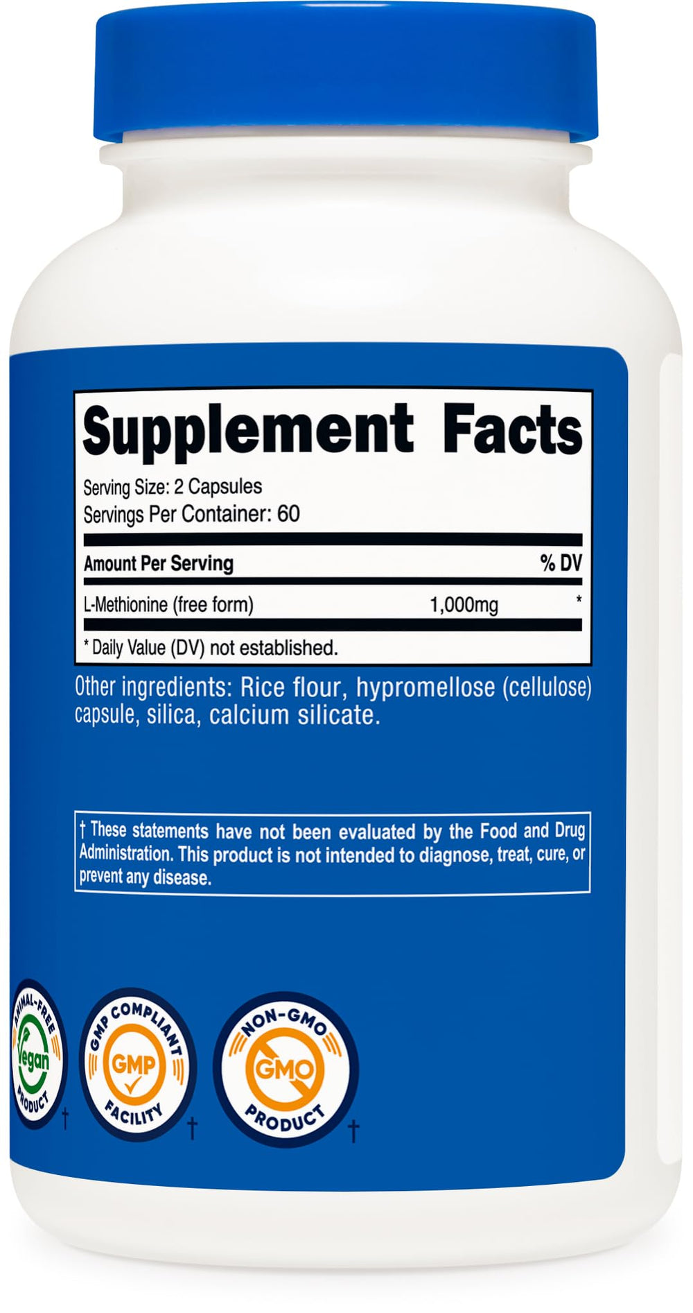 Nutrition facts panel for Nutricost L-Methionine 1000 mg