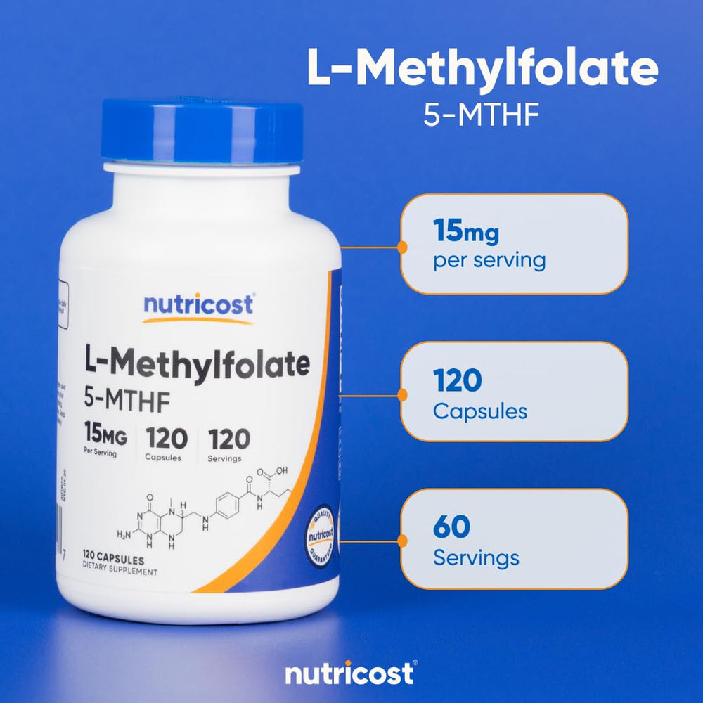 Side view of Nutricost L-Methylfolate bottle