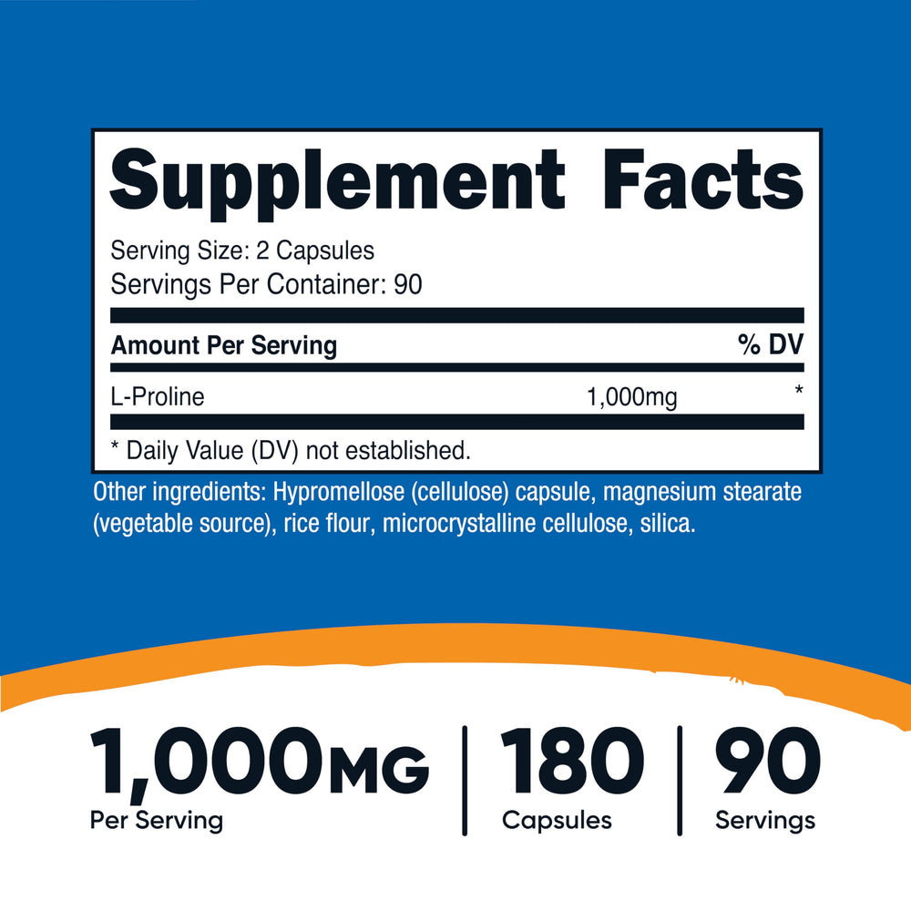 Serving size 2 capsules provides 1000mg L-Proline (90 servings)