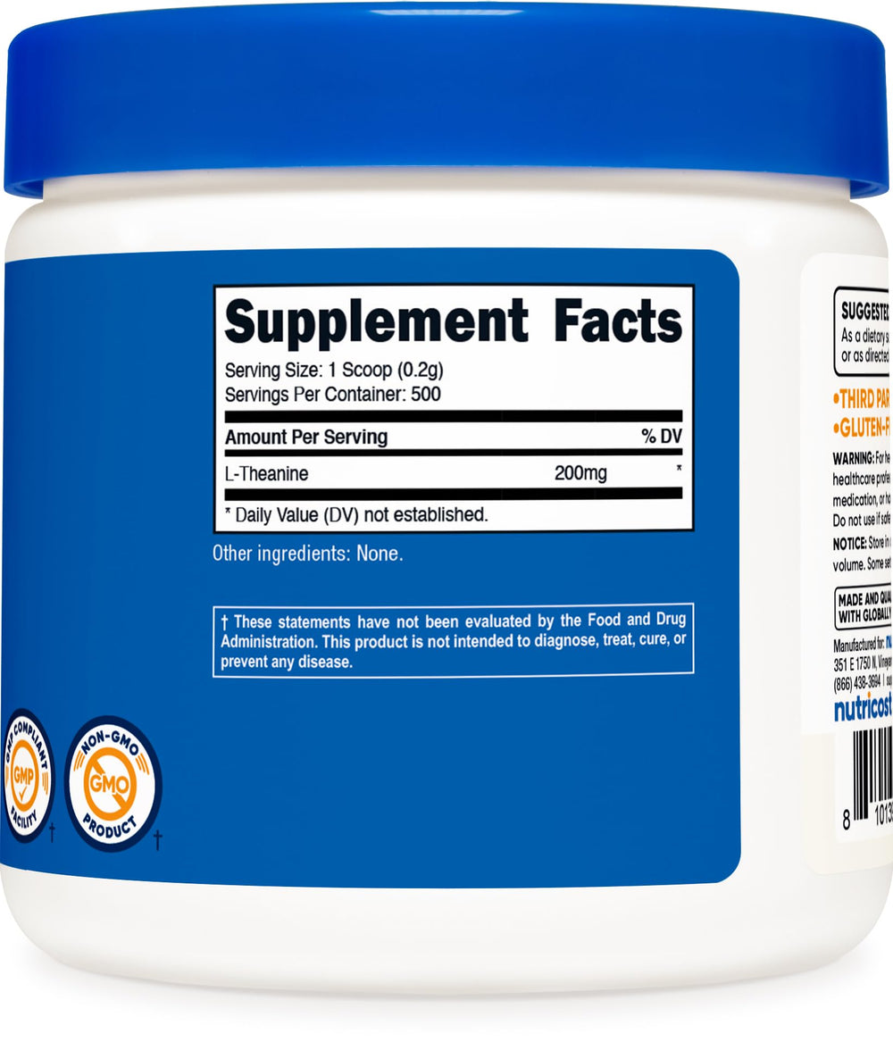 Gluten Free and Non-GMO Nutricost L-Theanine Powder label emphasis