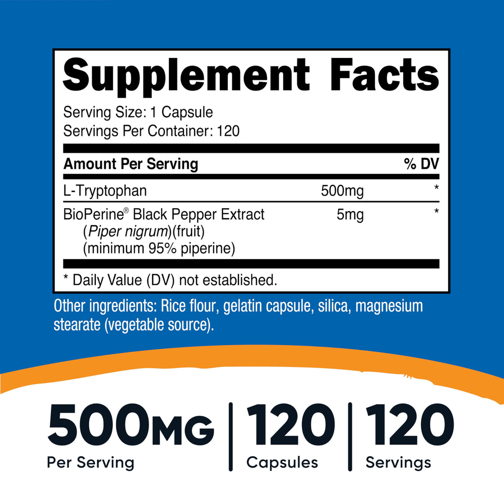 Close-up of Nutricost L-Tryptophan bottle and label