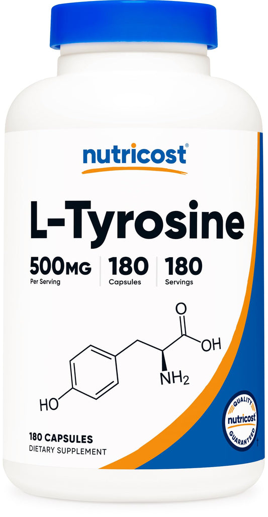 Front view of Nutricost L-Tyrosine 180 capsules bottle