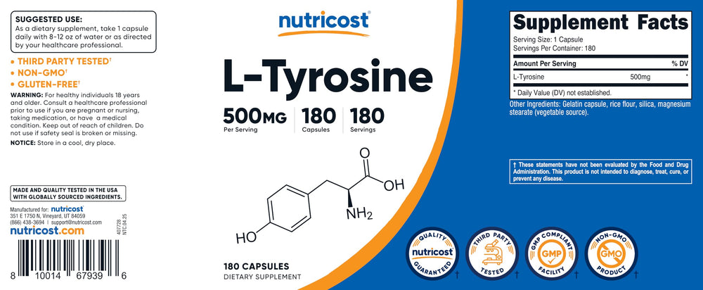 Packaged Nutricost L-Tyrosine bottle with outer carton
