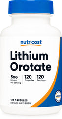 Front view of Nutricost Lithium Orotate 5mg veggie capsules bottle