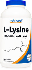 Nutricost L-Lysine 1000mg bottle label showing 240 servings