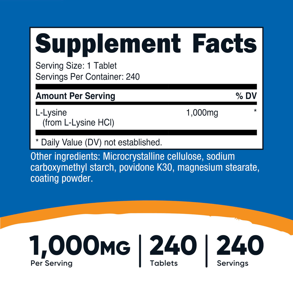 Close-up of L-Lysine bottle showing 1000 mg per serving