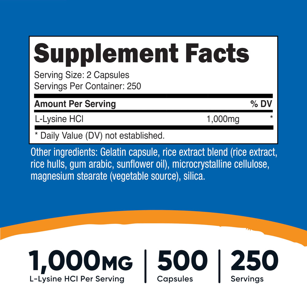 Close up shot of L-Lysine 1000mg capsules
