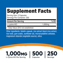 Close up shot of L-Lysine 1000mg capsules