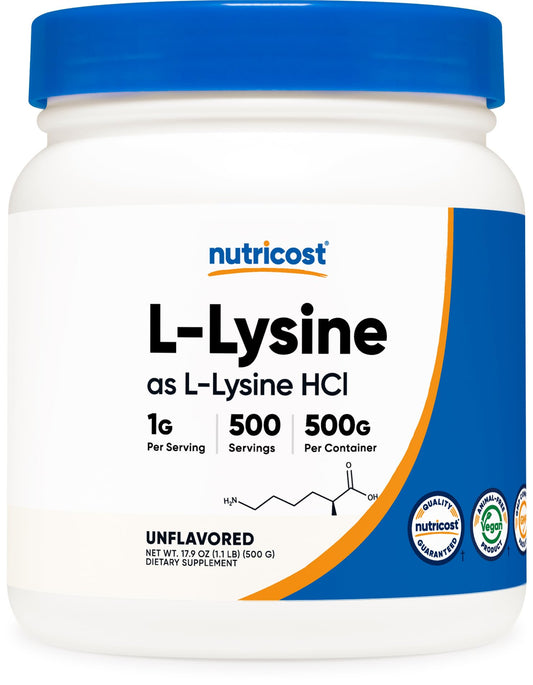 Nutricost L-Lysine Powder 500g bottle - front view