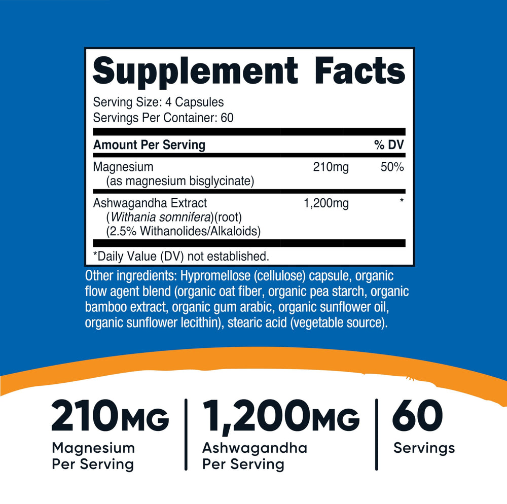 Nutrition facts panel for Nutricost Magnesium + Ashwagandha