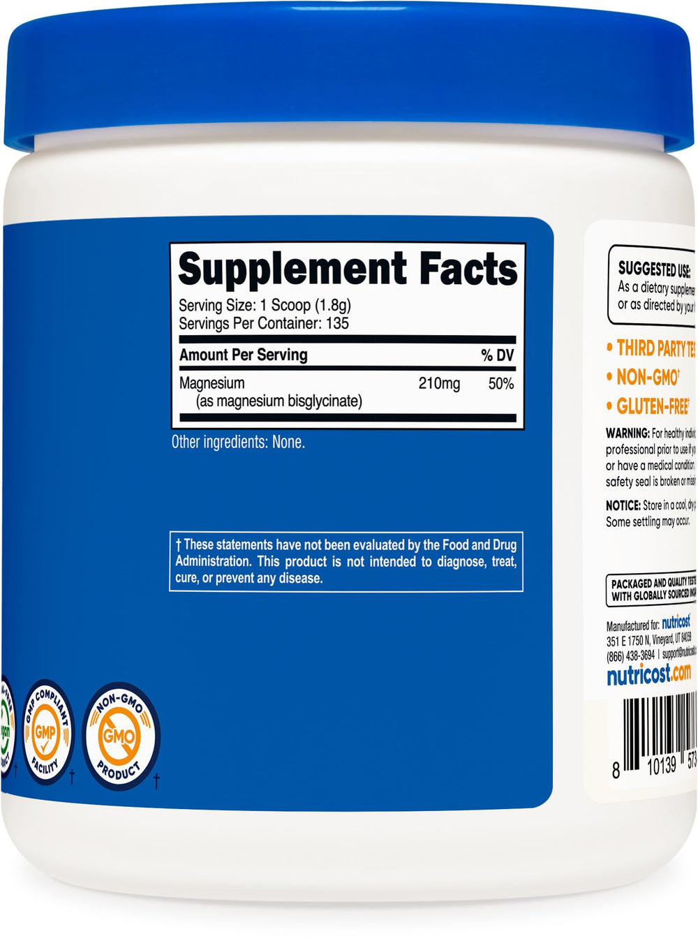 Label and ingredients for Nutricost Magnesium Bisglycinate Powder unflavored 250g